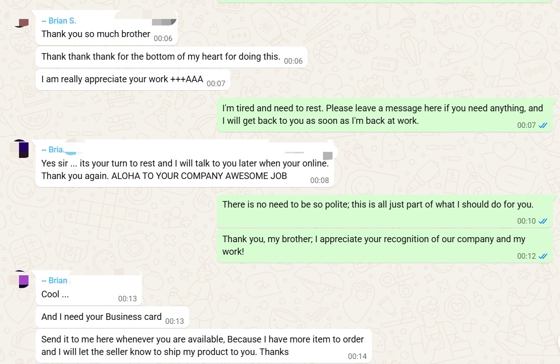 Customer thanking Huanfa Logistics after delivery